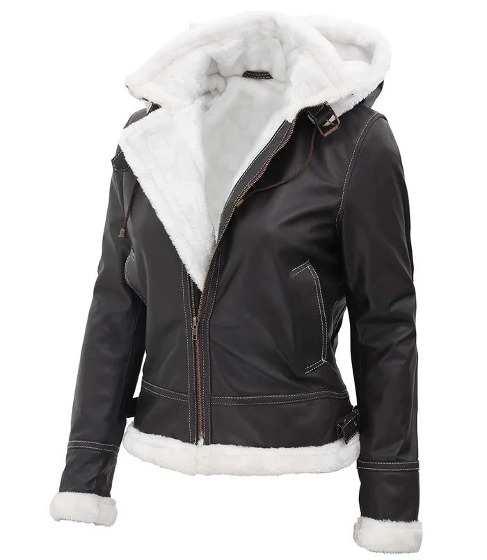 Women’s Brown Shearling Leather Jacket with Hood – Winter Warmth & Style – Genuine Leather Jacket | Livra Jackets