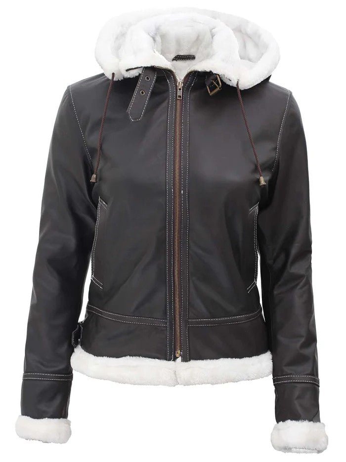Women’s Brown Shearling Leather Jacket with Hood – Winter Warmth & Style – Genuine Leather Jacket | Livra Jackets