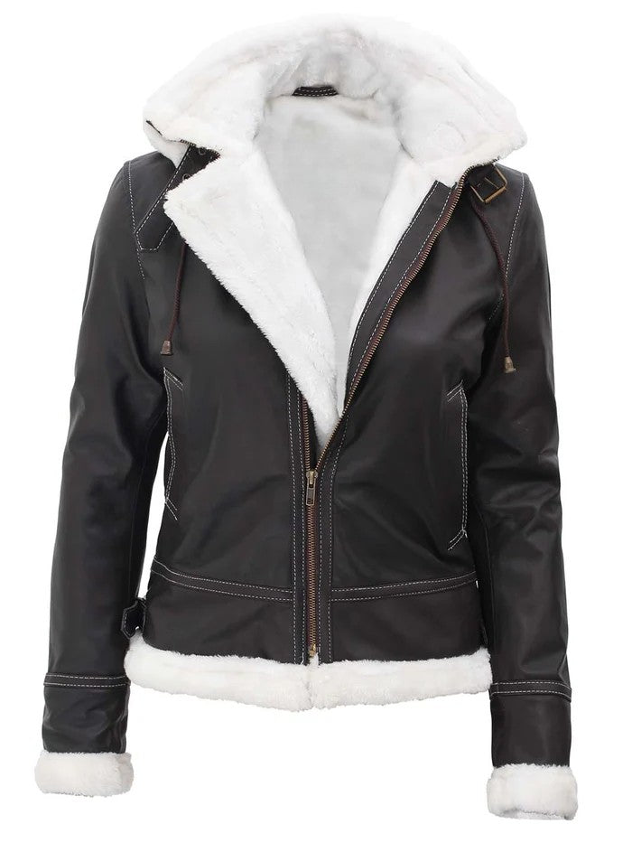 Women’s Brown Shearling Leather Jacket with Hood – Winter Warmth & Style – Genuine Leather Jacket | Livra Jackets