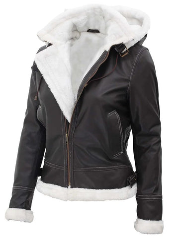 Women’s Brown Shearling Leather Jacket with Hood – Winter Warmth & Style – Genuine Leather Jacket | Livra Jackets