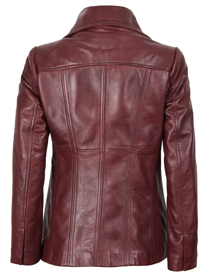 Elegant Women’s Burgundy Leather Blazer Back Design