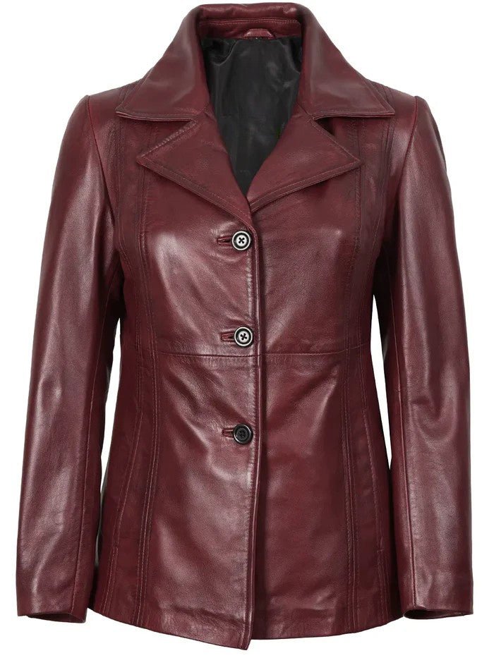 Women’s Burgundy Leather Blazer – Classic Real Leather Coat – Genuine Leather Jacket | Livra Jackets