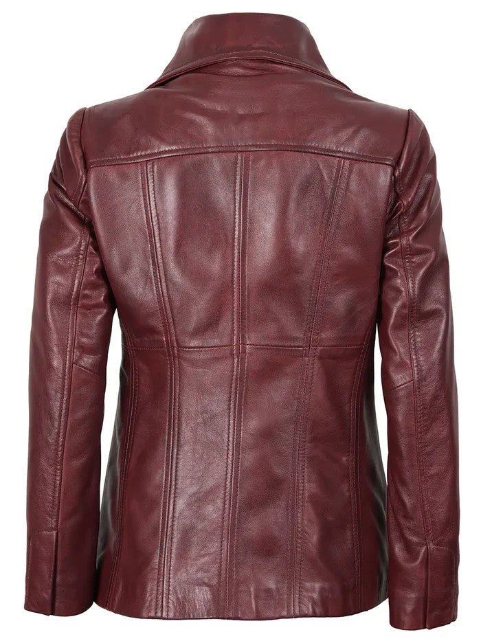 Women’s Burgundy Leather Blazer – Classic Real Leather Coat – Genuine Leather Jacket | Livra Jackets
