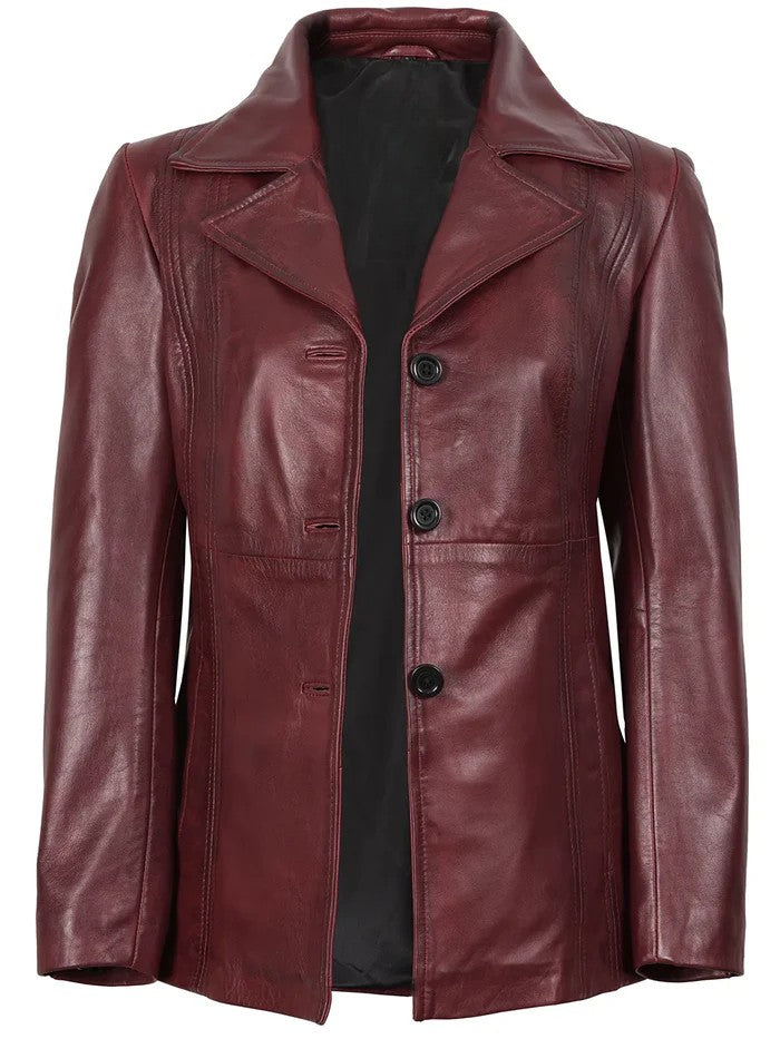 Women’s Burgundy Leather Blazer Front View