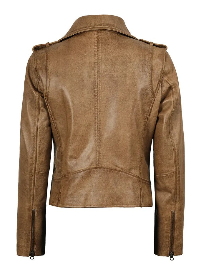 Women’s camel biker leather jacket front view – Livra Jackets