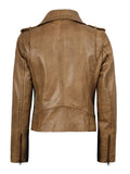 Camel biker leather jacket for women back view – slim fit