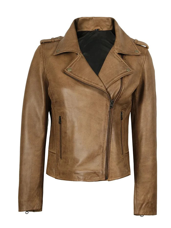 Women’s camel biker leather jacket front view – Livra Jackets