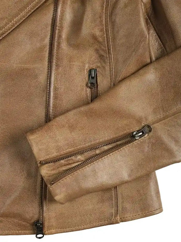 Women’s camel biker leather jacket sleeve zipper detail