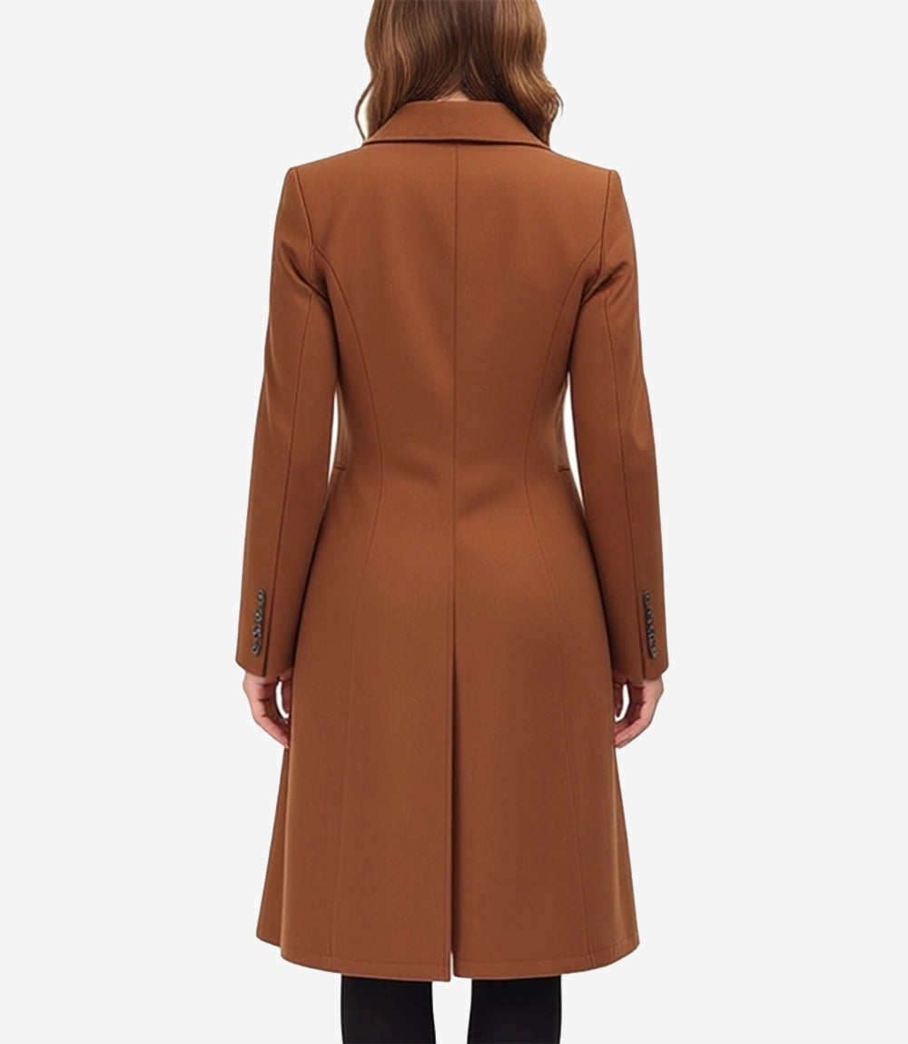 Front view of women’s camel brown wool coat with lapel collar and tailored fit