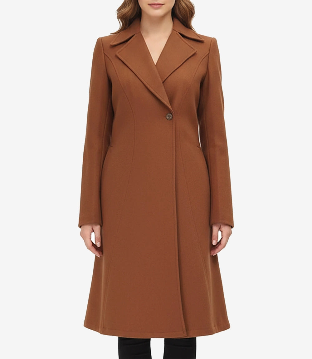Front view of women’s camel brown wool coat with lapel collar and tailored fit