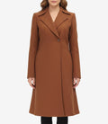 Front view of women’s camel brown wool coat with lapel collar and tailored fit
