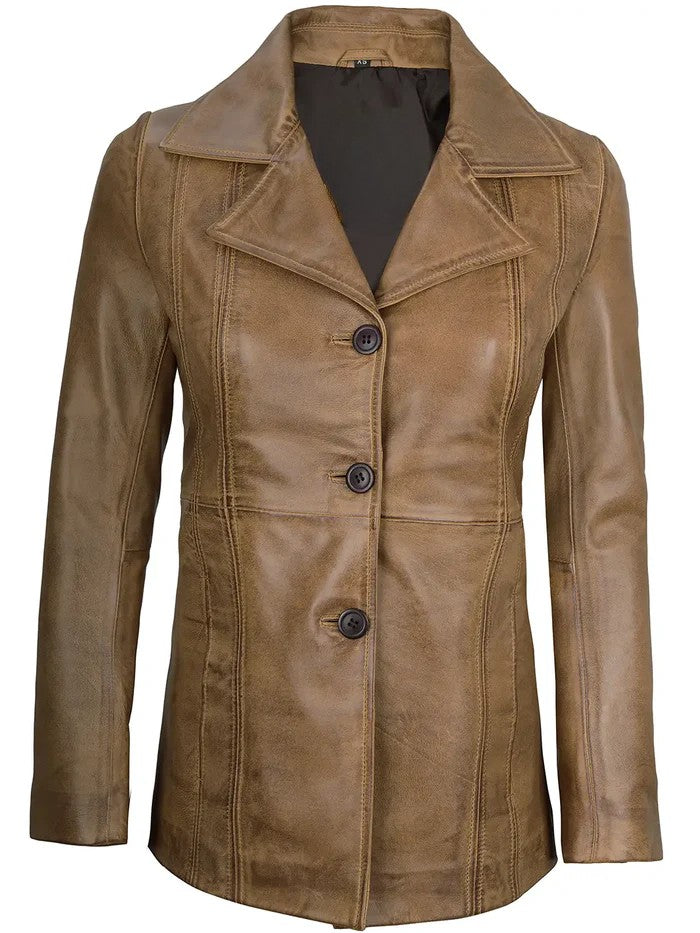 Women’s Camel Leather Blazer Front View
