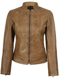 Women’s Camel Leather Moto Jacket Front View