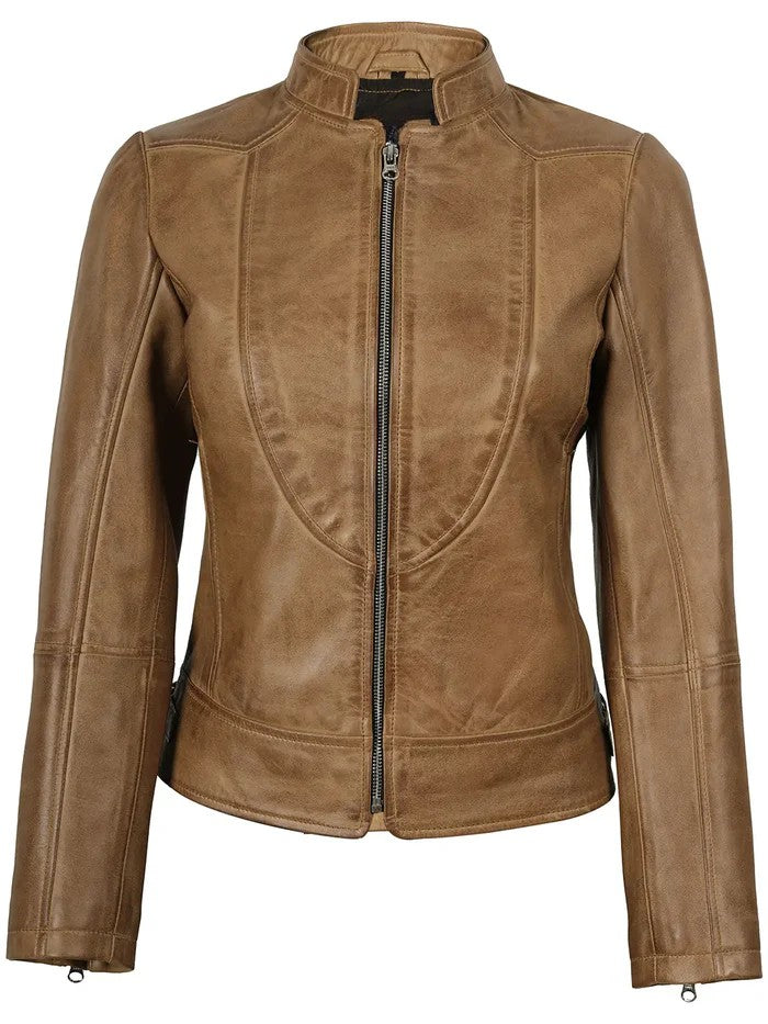 Women’s Camel Leather Moto Jacket Front View