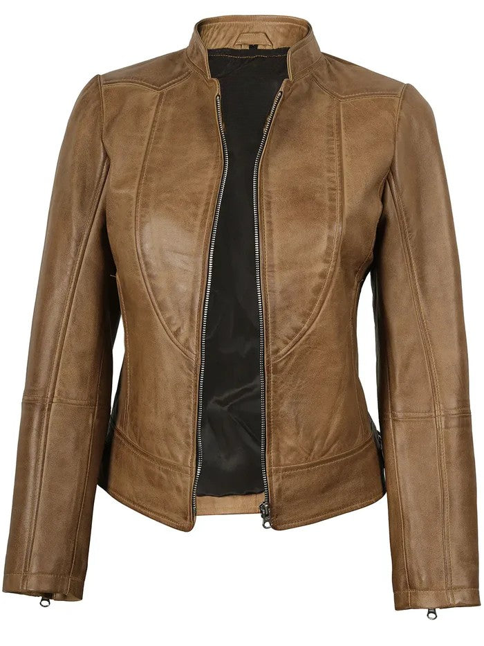 Women’s Camel Moto Jacket Open Front Style