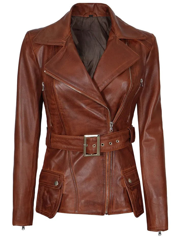 Women’s Cognac Brown Belted Biker Leather Jacket front view