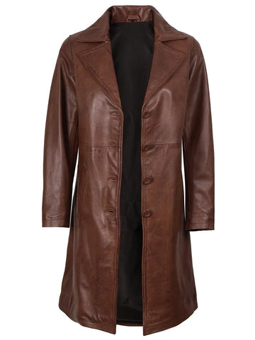 Women’s Cognac Brown Leather Coat Front View