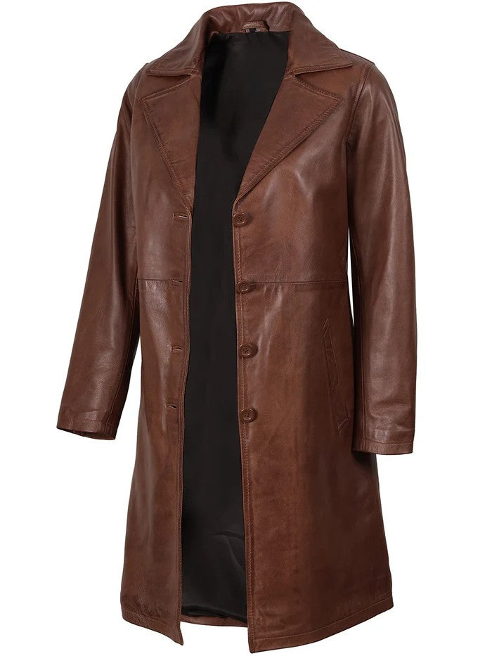 Women’s Cognac Brown Long Leather Coat Side View