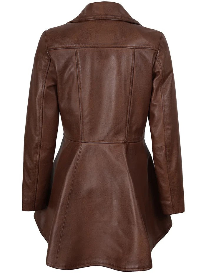 Women’s Cognac Brown Peplum Leather Jacket front view