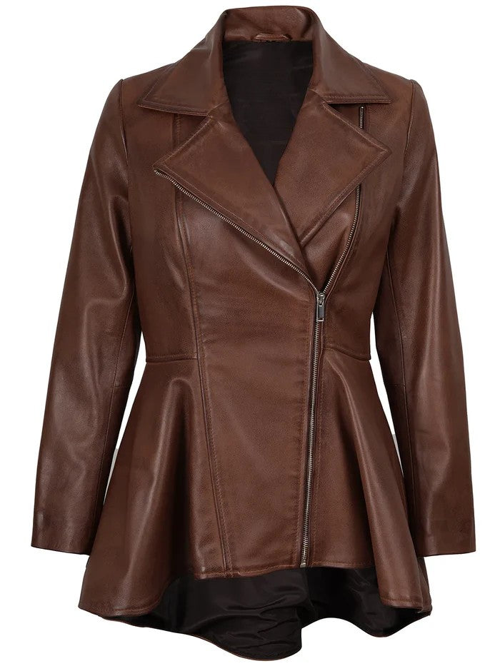 Women’s Cognac Brown Peplum Leather Jacket front view