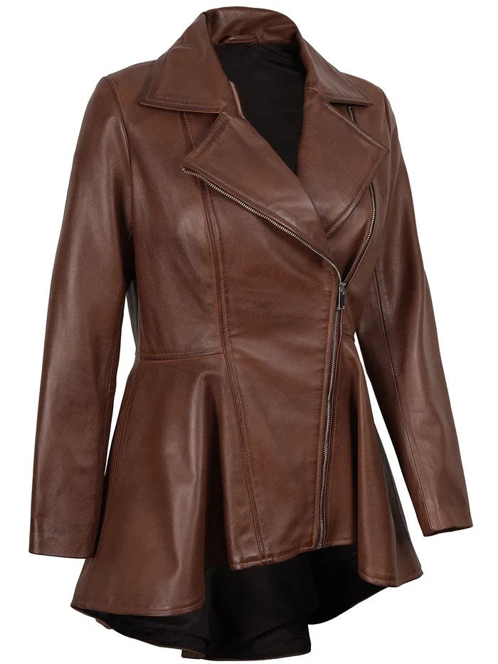 Side angle of cognac brown peplum jacket for women