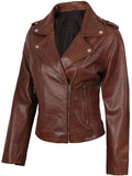 Women’s cognac wax asymmetrical biker leather jacket side view