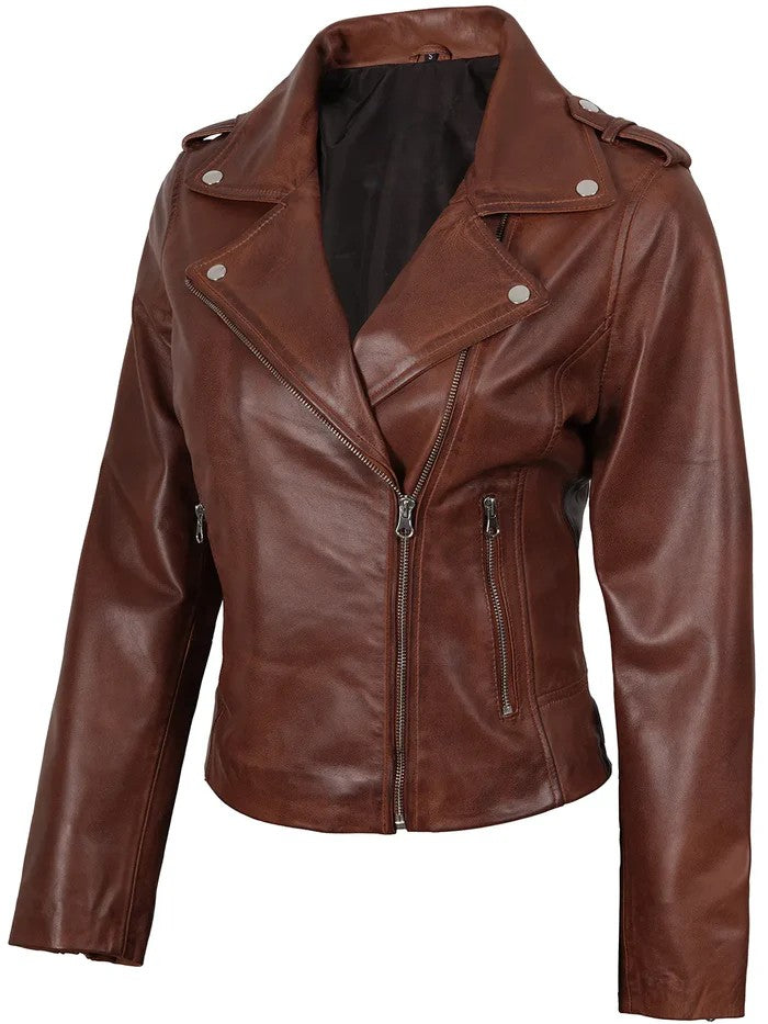 Women’s cognac wax asymmetrical biker leather jacket side view