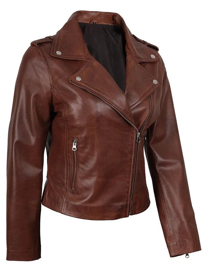 Women’s cognac wax asymmetrical biker leather jacket side view