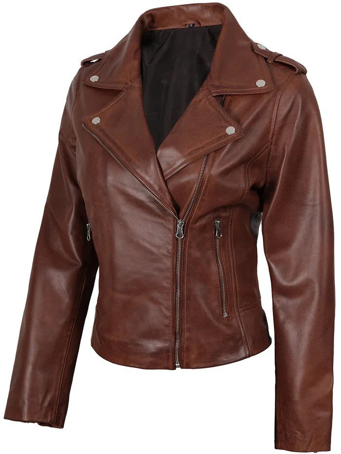 Women’s Cognac Wax Motorcycle Leather Jacket – Asymmetrical Biker Style | Livra Jackets – Genuine Leather Jacket | Livra Jackets