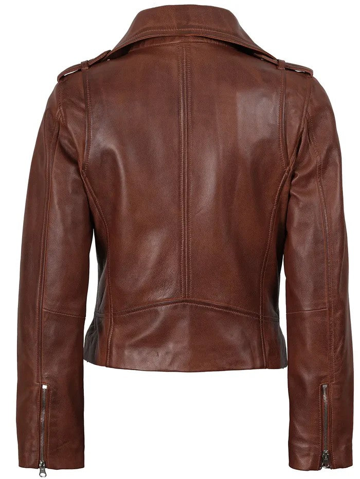 Women’s cognac wax motorcycle leather jacket front view – Livra Jackets