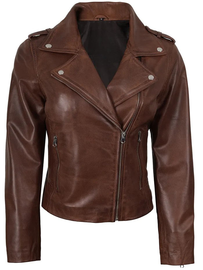 Women’s cognac wax motorcycle leather jacket front view – Livra Jackets