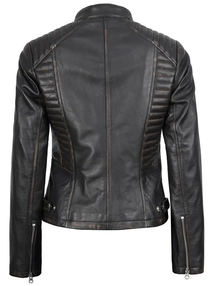 Women’s dark brown biker leather jacket front view