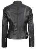 Back view of women’s slim fit dark brown leather jacket