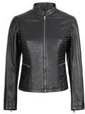 Women’s dark brown biker leather jacket front view
