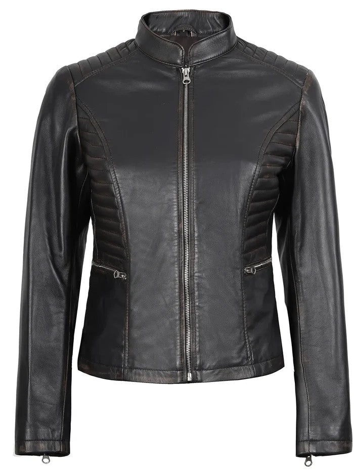 Women’s dark brown biker leather jacket front view