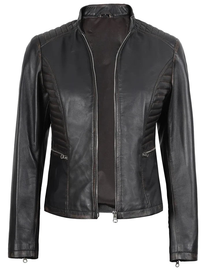 Women’s dark brown biker leather jacket front view