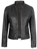 Women’s dark brown biker leather jacket front view