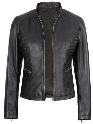 Women’s dark brown biker leather jacket front view