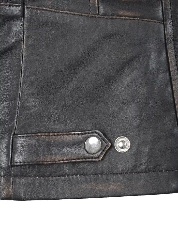 Adjustable waist strap on women’s brown biker jacket