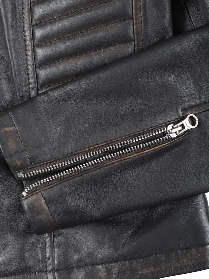 Zipper detail on dark brown biker leather jacket