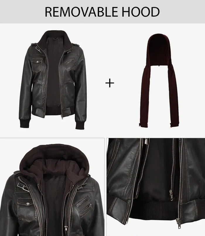 Dark brown leather jacket with detachable hood – women’s bomber style
