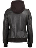 Women’s dark brown hooded leather jacket back view