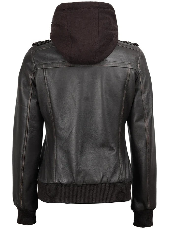 Women’s dark brown hooded leather jacket back view