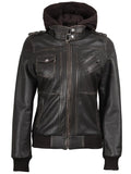 Women’s dark brown hooded leather jacket front closed zipper view