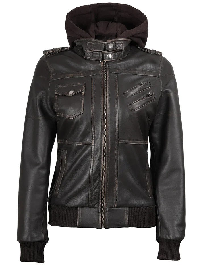 Women’s dark brown hooded leather jacket front closed zipper view