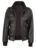 Women’s dark brown hooded leather jacket front view – Livra Jackets