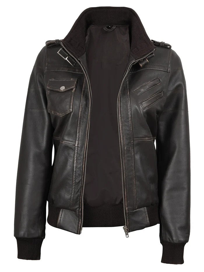Women’s dark brown hooded leather jacket front view – Livra Jackets