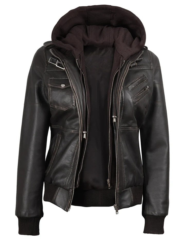Women’s dark brown hooded leather jacket front view – Livra Jackets