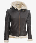 Women’s dark brown shearling jacket angled front view