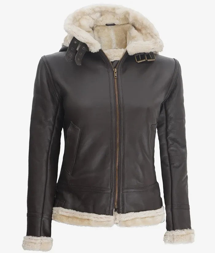 Women’s dark brown shearling jacket angled front view